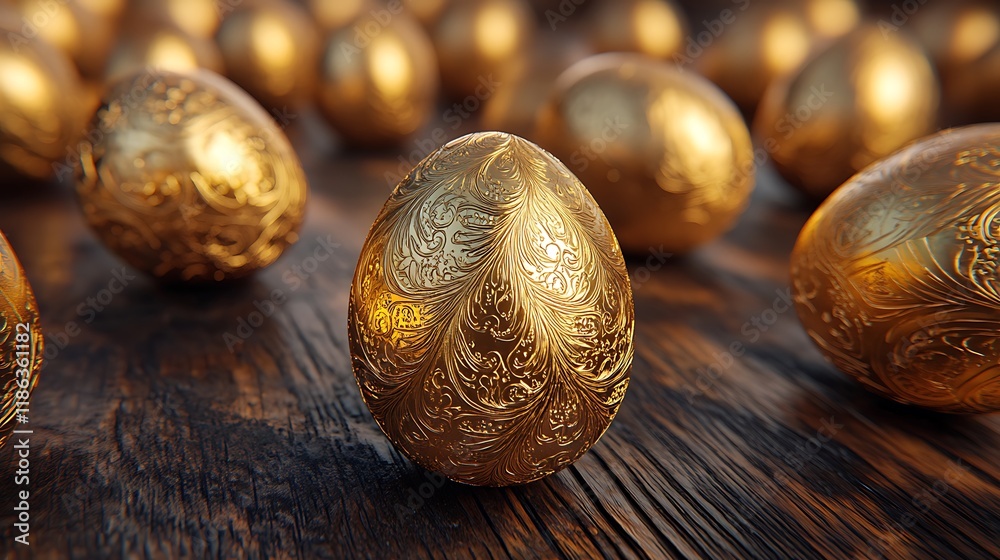 Obraz premium A beautiful close-up of golden Easter eggs placed on a wooden table with intricate patterns engraved on them.