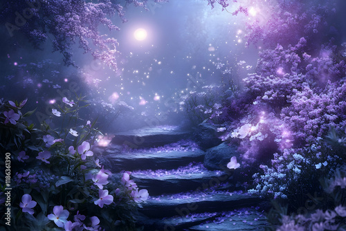 Subtle lavender shimmer with glowing bokeh in a tranquil garden, blooming flowers and soft moonlight filling the space
