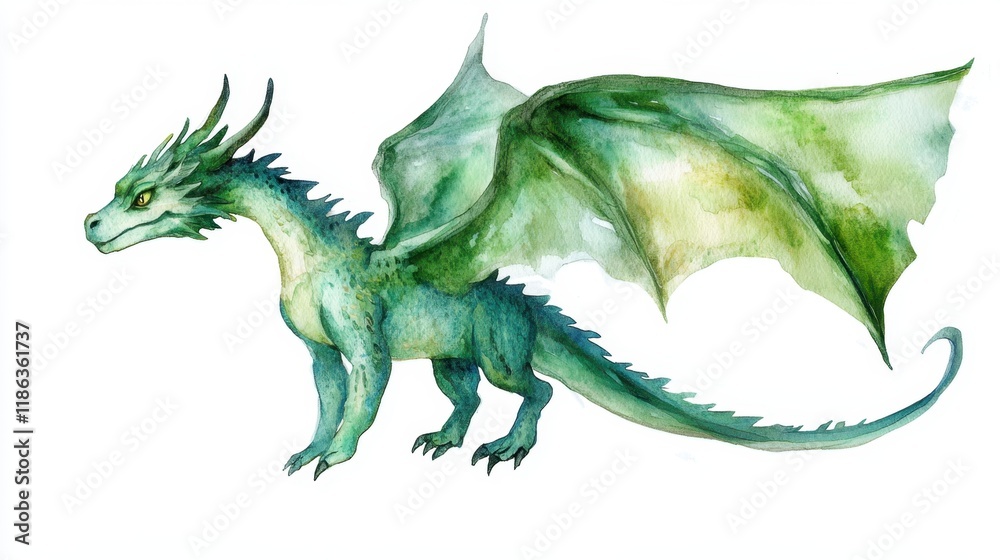 Green watercolor dragon with outstretched wings in flight Green watercolor dragon with outstretched wings in flight