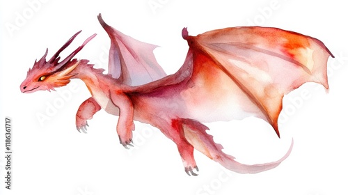 Colorful watercolor dragon in flight with majestic wings photo