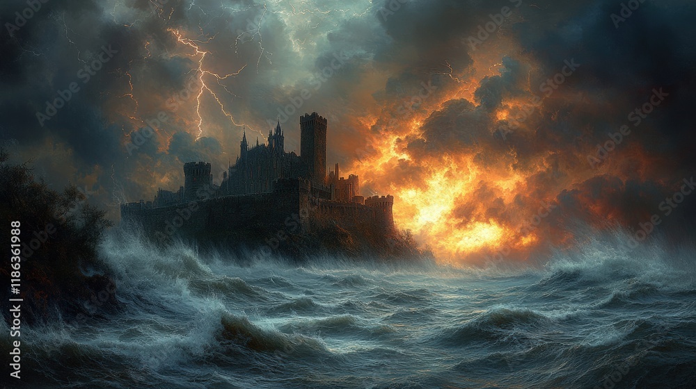 Fototapeta premium Stormy sea, fiery sky, castle on cliff.