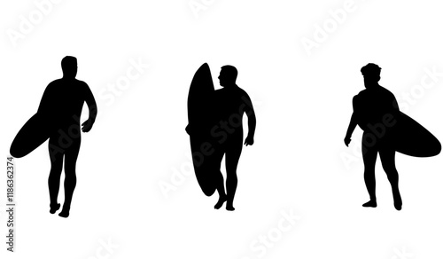 Surfers silhouettes with boards, ready for the waves.  Vector illustration, perfect for summer designs.