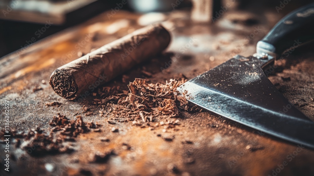 A detailed shot of a sharp knife cutting excess tobacco from a cigar. A detailed shot of a sharp knife cutting excess tobacco from a cigar.