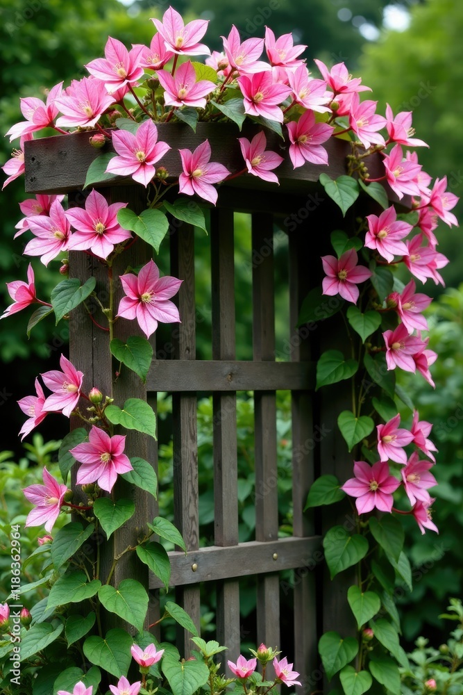 Fototapeta premium Pink clematis vines covering a wooden trellis in full bloom, clematis flowers, , pink blooms
