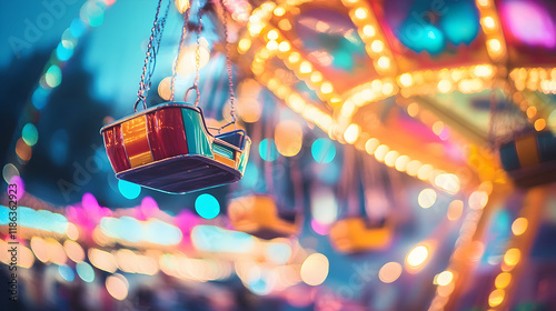 Vibrant multicolor bokeh with shimmering rainbow hues in a vibrant carnival setting, glowing rides and colorful decorations photo