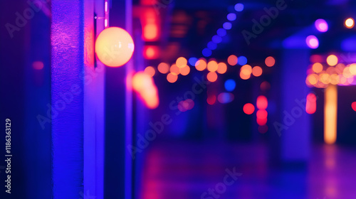 Vibrant violet shimmer with glowing bokeh in a stylish underground club, neon lights and bold abstract patterns filling the space photo