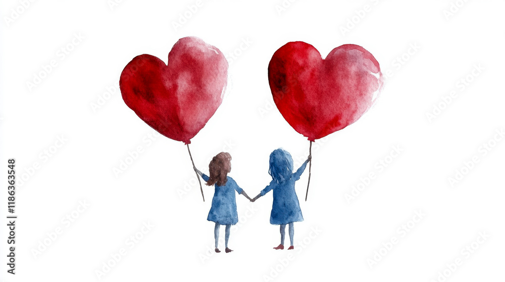 National Random Acts of Kindness Day Two young female children holding heart-shaped balloons in watercolor art National Random Acts of Kindness Day Two young female children holding heart-shaped balloons in watercolor art