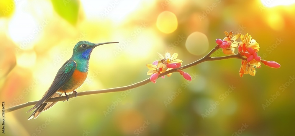 Vibrant hummingbird perched on branch surrounded by colorful flowers in soft bokeh background, showcasing nature's beauty and delicate details, copy space for text Vibrant hummingbird perched on branch surrounded by colorful flowers in soft bokeh background, showcasing nature's beauty and delicate details, copy space for text