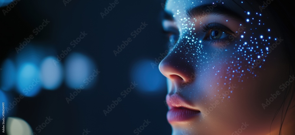 Futuristic portrait of young woman with glowing blue dots on face, ethereal lighting, captivating gaze, digital art aesthetic, copy space for text Futuristic portrait of young woman with glowing blue dots on face, ethereal lighting, captivating gaze, digital art aesthetic, copy space for text
