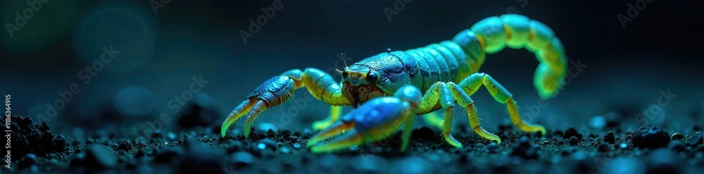 Scorpion emitting blue-green light from exoskeleton, fluorescence, exoskeleton glow, creature glow Scorpion emitting blue-green light from exoskeleton, fluorescence, exoskeleton glow, creature glow
