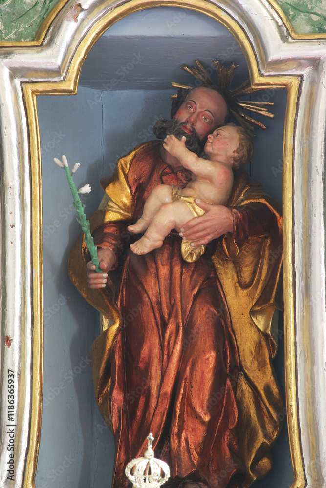 Saint Joseph with the child Jesus, statue on the altar of Saint Joseph in the Church of the Holy Trinity in Visoko, Croatia