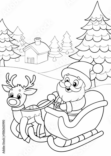 christmas themed a4 colouring picture santa sleigh., Coloring Book, Coloring Page, you can print it on standard A4 Paper