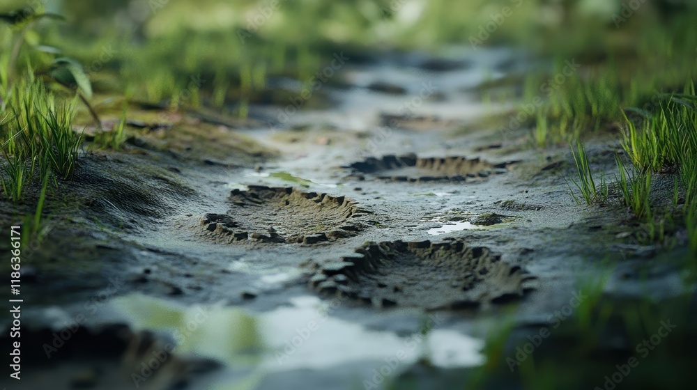 Footprints on a Muddy Path Through Lush Greenery and Water Footprints on a Muddy Path Through Lush Greenery and Water