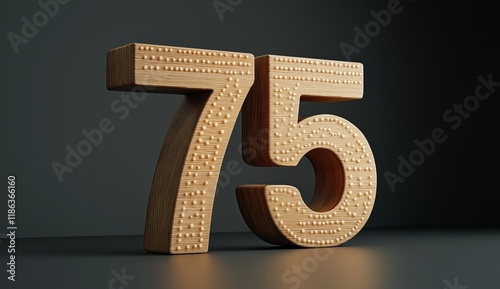 Seventy-Five Wooden Number Design with Dots, 3D Render of Elegant and Modern Number 75 photo