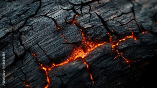 Glowing Ember Cracks on Charred Wood Surface in Dramatic Lighting