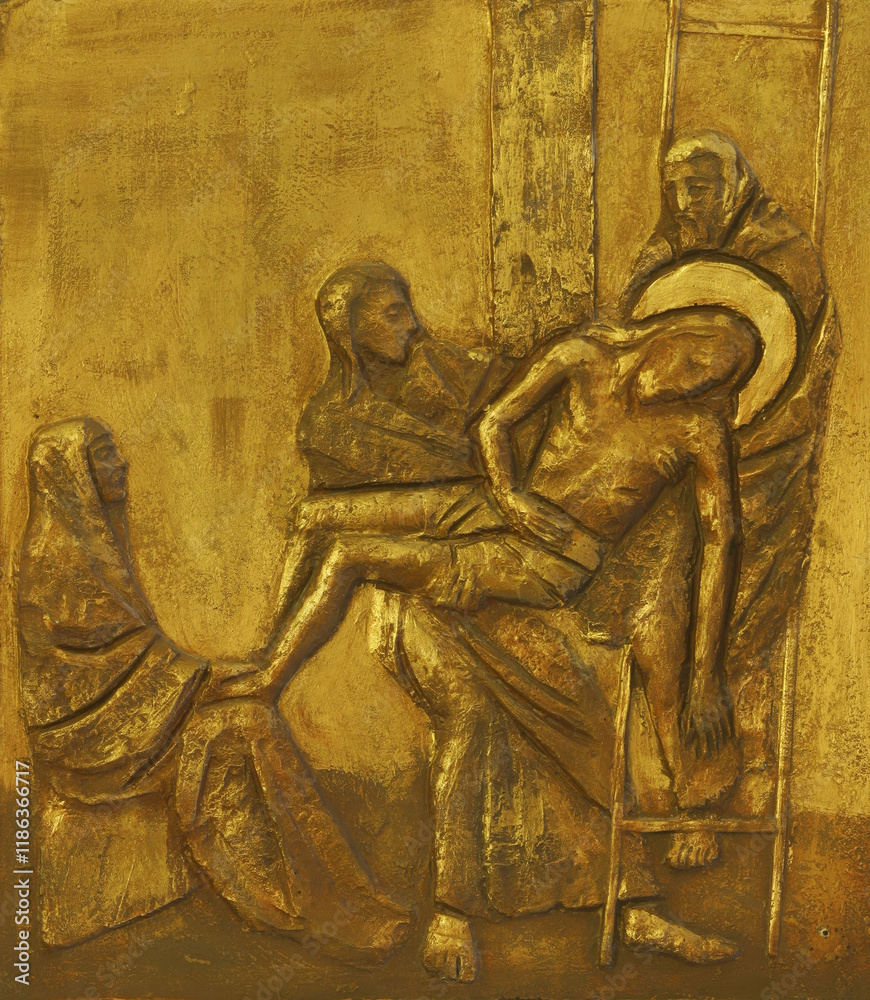 13th Stations of the Cross, Jesus' body is removed from the cross, church of Our Lady of Sorrows in Spansko, Zagreb, Croatia