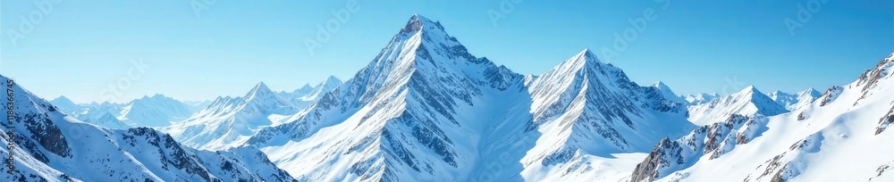 Obraz premium Snow-capped peaks of a mountain range rise above a serene blue sky, snow, rugged