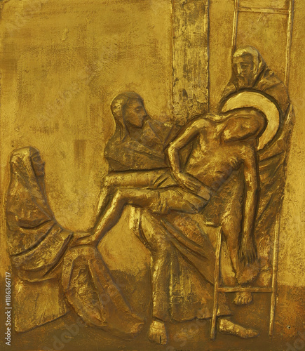 Obraz na płótnie 13th Stations of the Cross, Jesus' body is removed from the cross, church of Our Lady of Sorrows in Spansko, Zagreb, Croatia w salonie