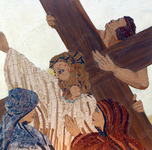 5th Stations of the Cross, Simon of Cyrene carries the cross, parish Church of Blessed Aloysius Stepinac in Velika Gorica, Croatia