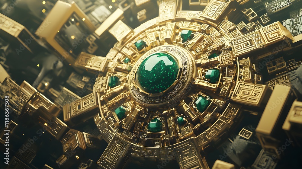 Obraz premium Intricate Golden Artifact with Emerald Gems Luxurious 3D Render of Ancient Design