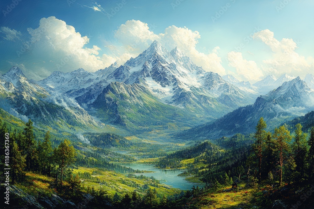Obraz premium Majestic snow-capped mountains, serene valley lake.