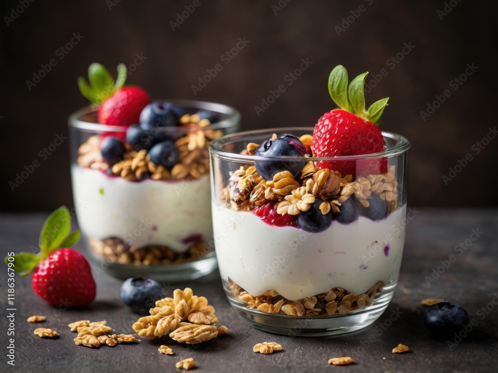 Copas con yogurt, granola, y frutas Copas con yogurt, granola, y frutas