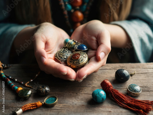 Manos femeninas sosteniendo amuletos para la buena suerte
 photo