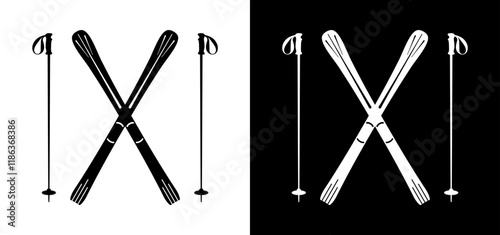Skis and ski poles icon set on black and white background. Winter sports equipment sign illustration to use for advert, ski pass, skiing competition, skiing design projects. 