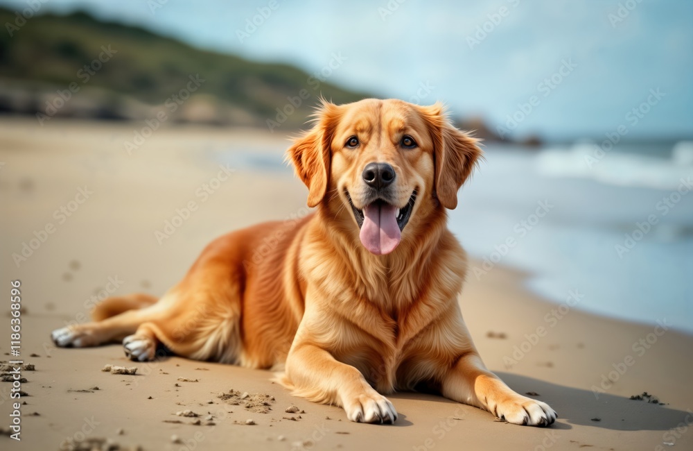 Golden retriever sits happily on sandy seashore. Dog enjoys summer vacation. Calm evening by ocean. No people around. Beautiful pet portrait on beach. Cute animal. Summer adventures at seaside. Golden retriever sits happily on sandy seashore. Dog enjoys summer vacation. Calm evening by ocean. No people around. Beautiful pet portrait on beach. Cute animal. Summer adventures at seaside.