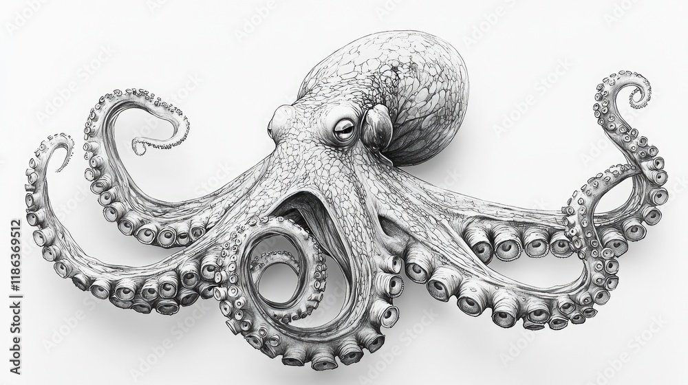 Obraz premium Masterful Pencil Drawing of an Octopus: A Detailed and Realistic Portrait of an Ocean Cephalopod