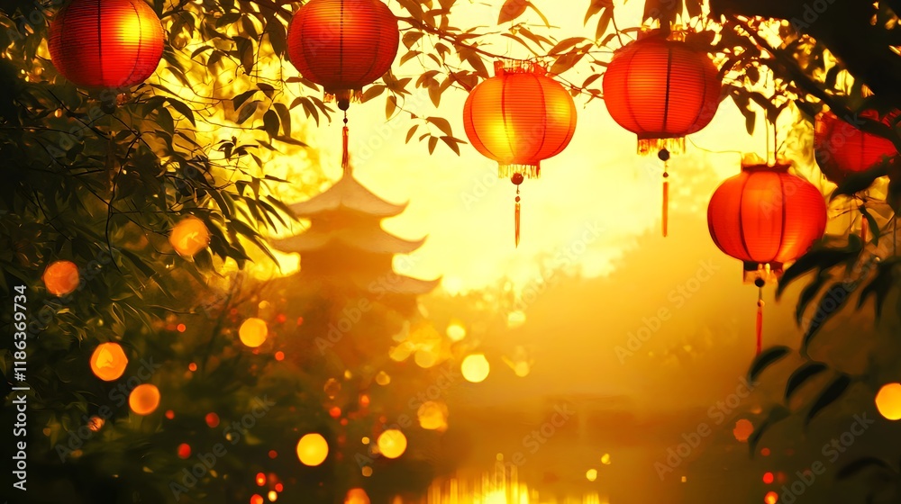 Golden Hour Serenity Red Lanterns Hanging in a Tranquil Asian Garden at Sunset Golden Hour Serenity Red Lanterns Hanging in a Tranquil Asian Garden at Sunset