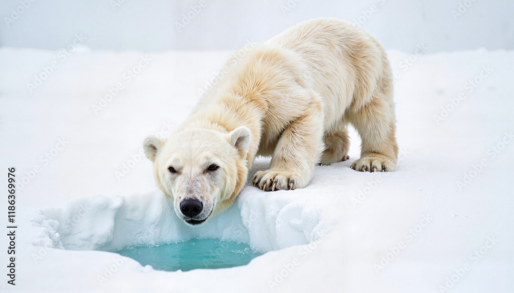 Curious polar bear exploring ice crevice in snowy landscape, wildlife conservation Curious polar bear exploring ice crevice in snowy landscape, wildlife conservation
