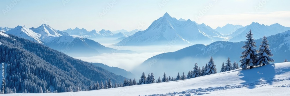 Snowy mountain range with misty valleys and trees, serene, scenery, valley