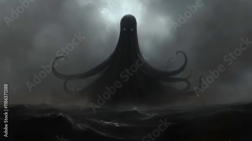 Epic sea monster emerges from stormy waters dark ocean environment dark fantasy artwork foreboding atmosphere photo