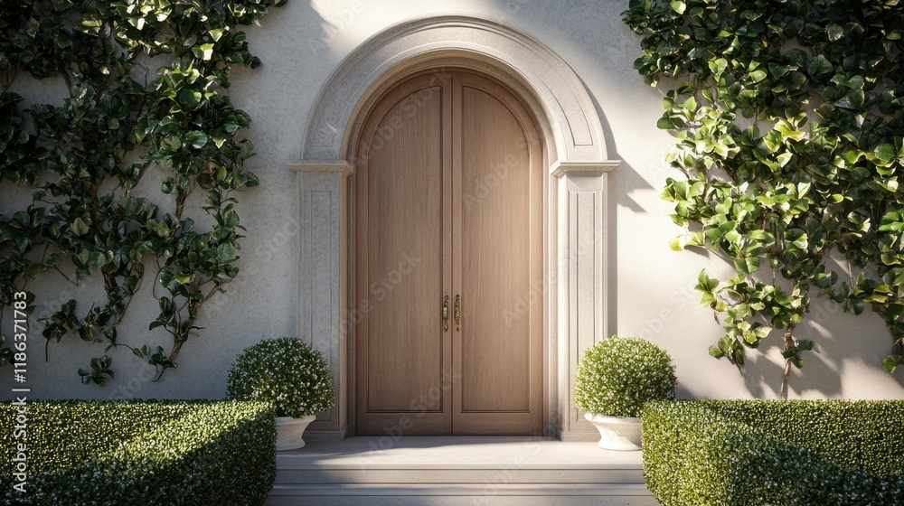 Fototapeta premium Elegant Wooden Door Surrounded by Lush Greenery and Plants