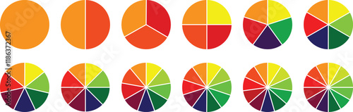 Ciecle pie chart. Circle section graph. Pie chart infographic set. Colorful pie chart set. Circle diagram collection with sections or parts.Segmented circle icons for infographic, data analysis