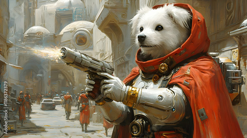 A brave white dog soldier in red cape stands guard in a futuristic city, holding a weapon, ready for combat.  Digital painting of a fantasy sci-fi adv