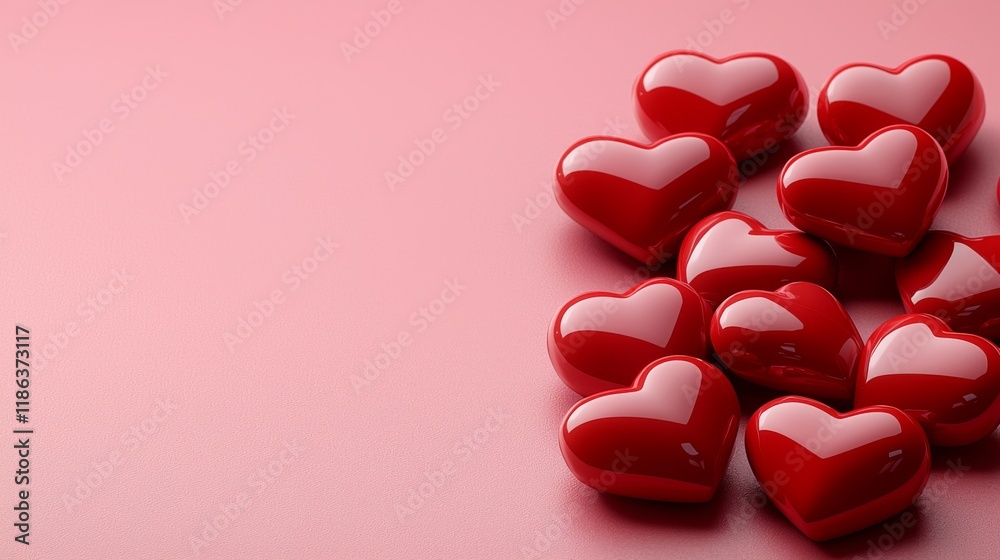 3d render A cluster of shiny red hearts on a soft pink background, symbolizing love, affection, and warmth. 3d render A cluster of shiny red hearts on a soft pink background, symbolizing love, affection, and warmth.