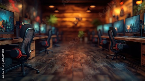 A dimly lit gaming room with multiple computer stations and a rustic wooden interior, creating an immersive gaming experience. photo