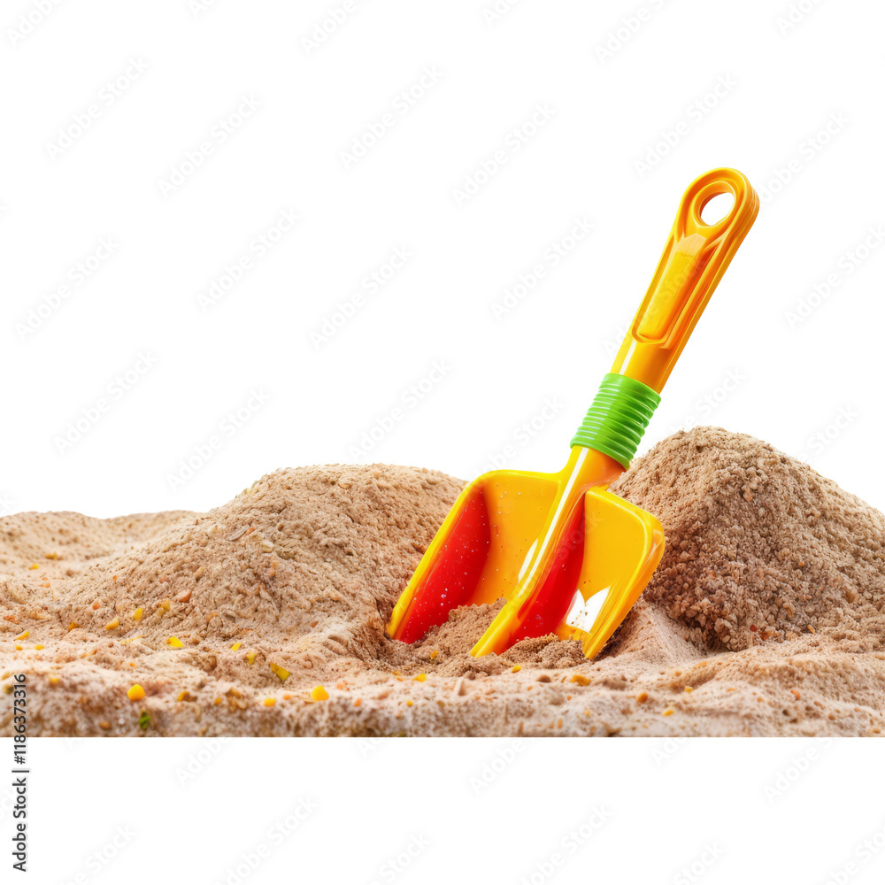 Sunny Day Fun: A vibrant yellow and green plastic shovel rests in a mound of sand, ready for playful beach adventures. Capture the essence of summer fun and exploration. Sunny Day Fun: A vibrant yellow and green plastic shovel rests in a mound of sand, ready for playful beach adventures. Capture the essence of summer fun and exploration.