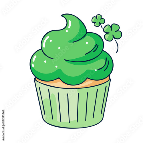 green cupcake with clover vector icon, patrick’s day vector illustration - simple illustration of green cupcake with clover perfect for logos, and patrick’s day -themed designs.