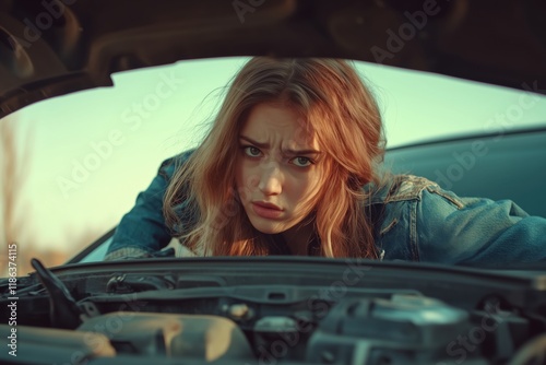 A young girl looks under the hood of her car