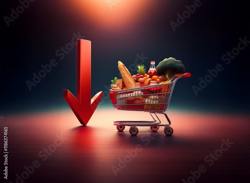 A shopping cart overflowing with groceries sits beside a large red downward-pointing arrow, symbolizing rising food prices and economic hardship. photo