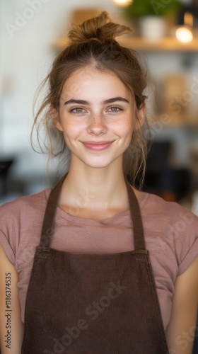 Caucasian young female barista smiling in cafe setting