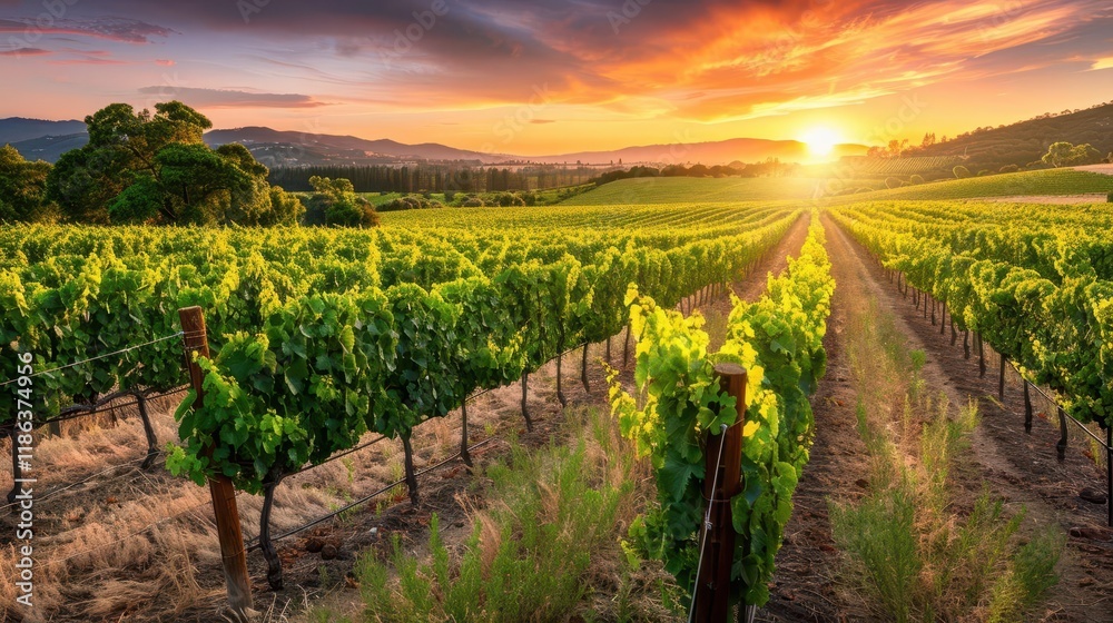 A picturesque vineyard at sunset, showcasing rows of grapevines under a colorful sky.