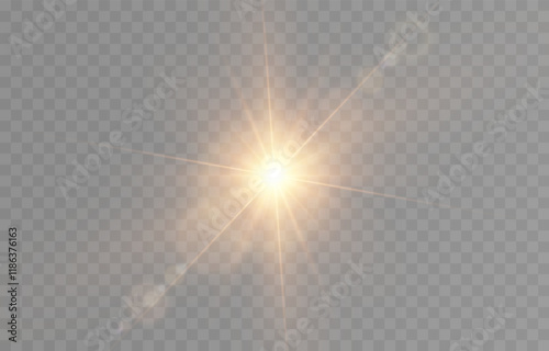 Vector realistic light png. Sun with rays and glare png. Sunlight or dawn on transparent background. Golden light.