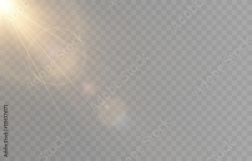 Vector realistic light png. Sun with rays and glare png. Sunlight or dawn on transparent background. Golden light.