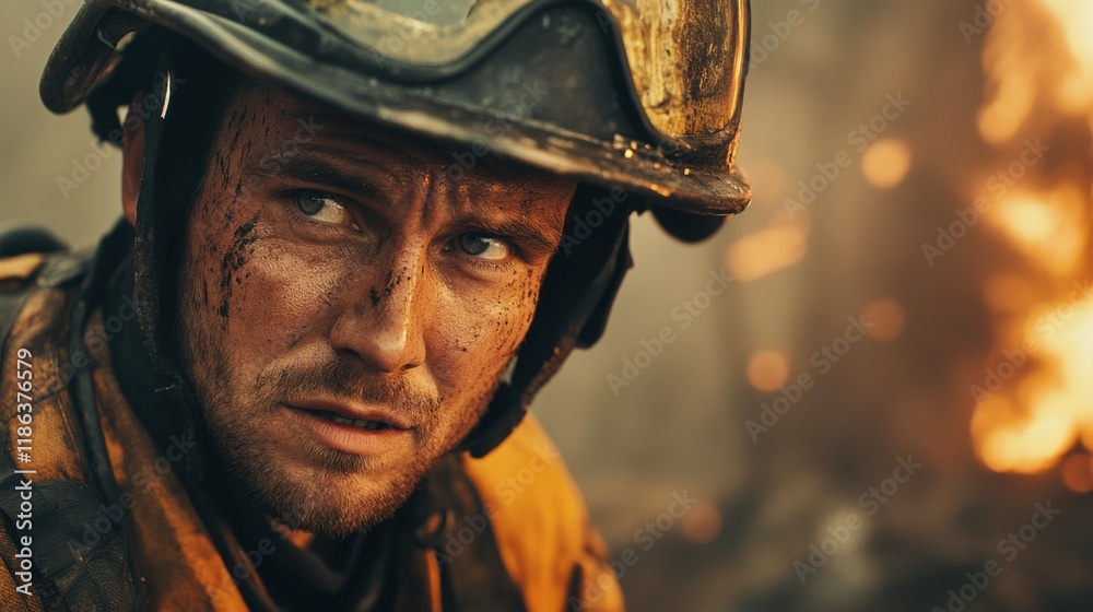 Firefighter's Grit: A close-up portrait of a determined firefighter, soot-stained and weary, gazing intently amidst the fiery chaos of a wildfire. His eyes reflect unwavering courage and resilience. Firefighter's Grit: A close-up portrait of a determined firefighter, soot-stained and weary, gazing intently amidst the fiery chaos of a wildfire. His eyes reflect unwavering courage and resilience.