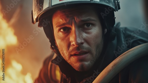 Firefighter's Focus: A firefighter's intense gaze reflects the courage and determination of those who confront danger head-on, a blaze roaring in the background adding urgency to the scene.   photo