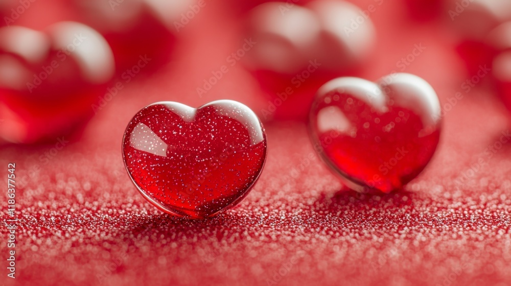 Fototapeta premium 3d render Shiny red heart-shaped candies scattered on a textured red background, creating a romantic and festive atmosphere.